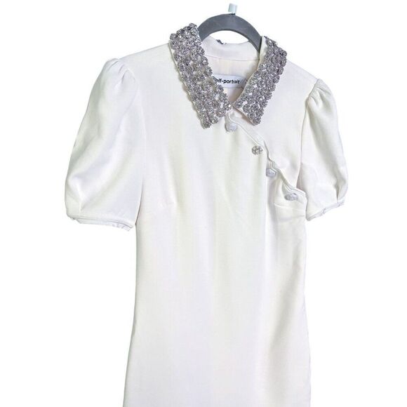 Self-Portrait Diamante Collar Mini Dress White‎ Heavy Double Crepe Size 0 Bridal - Picture 6 of 16